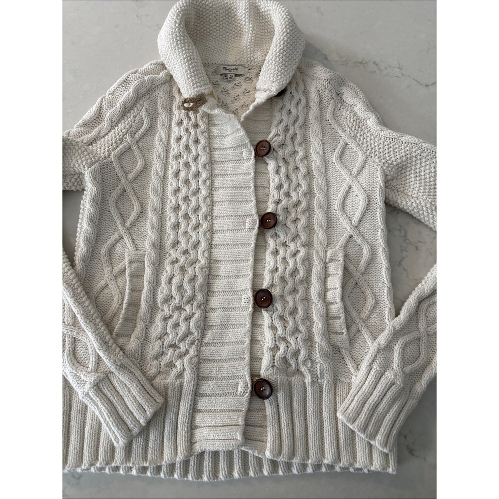 Madewell Cream Cable-Knit Shawl Collar Cardigan with Brown Buttons
